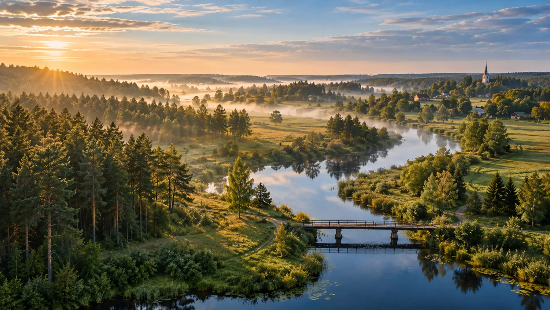 Rīta migla pār upi Pierīgas mežos